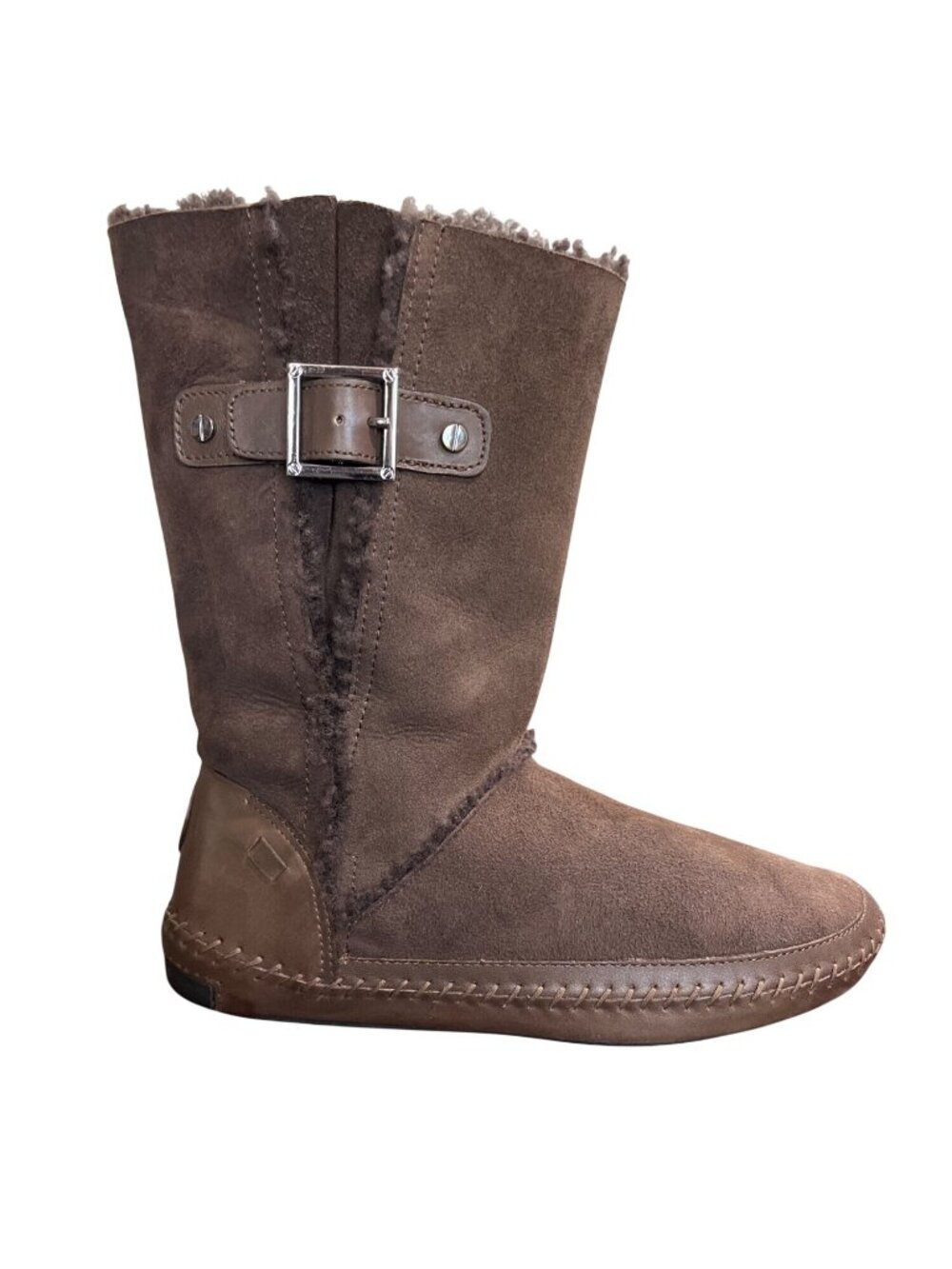 Tory Burch Womens Size 8.5 Moccasin Boots Brown Suede and Shearling-Lined Buckle